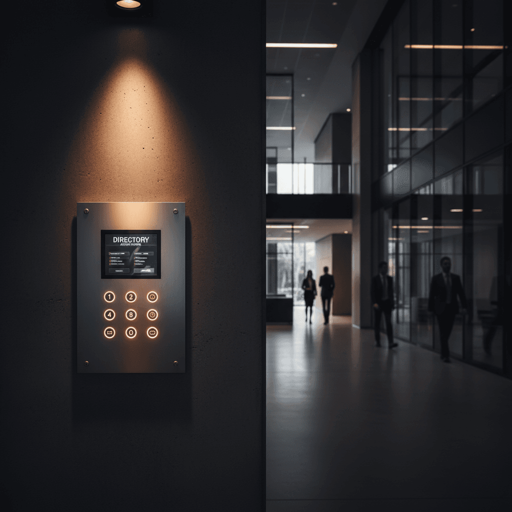Intercom system control panel in commercial building lobby