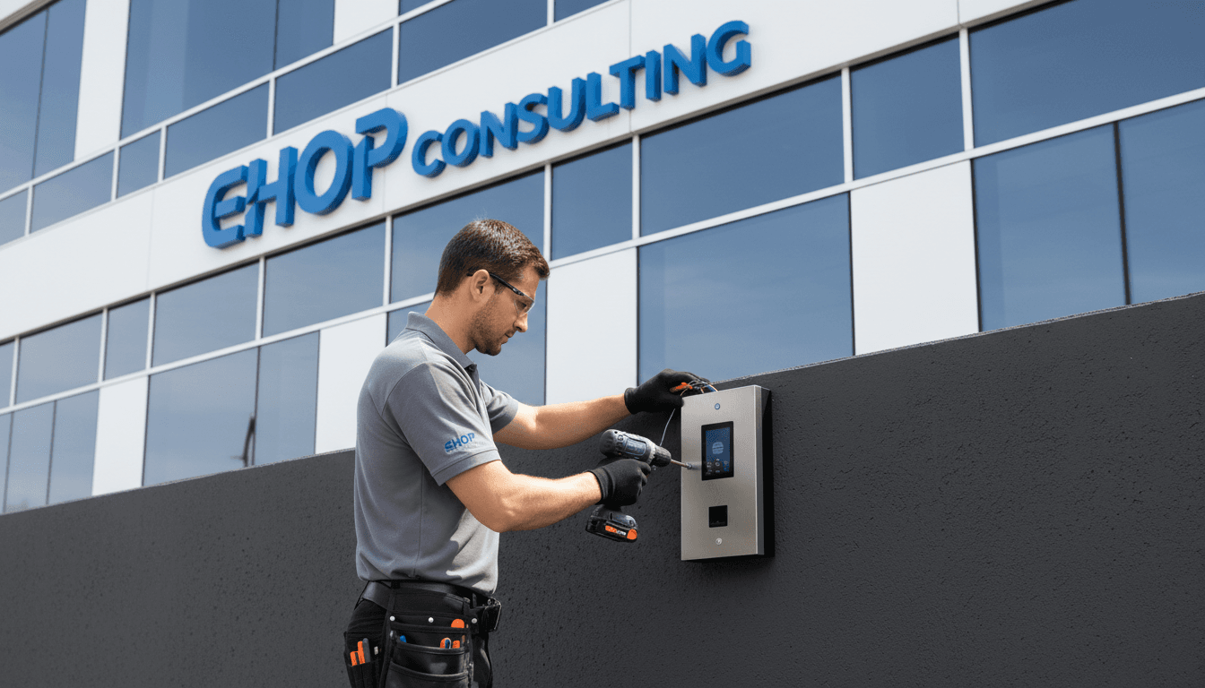 Security technician installing access control panel on commercial building