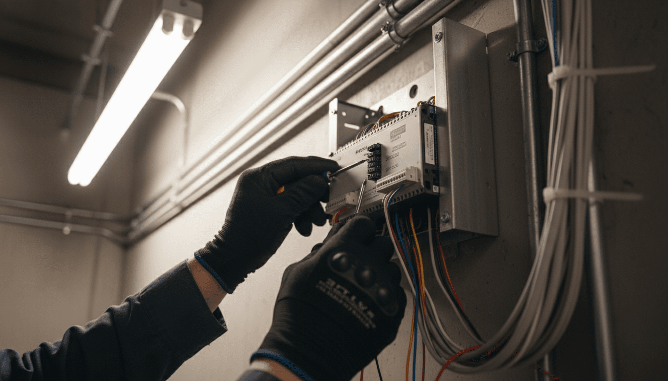 Technician installing security access control system