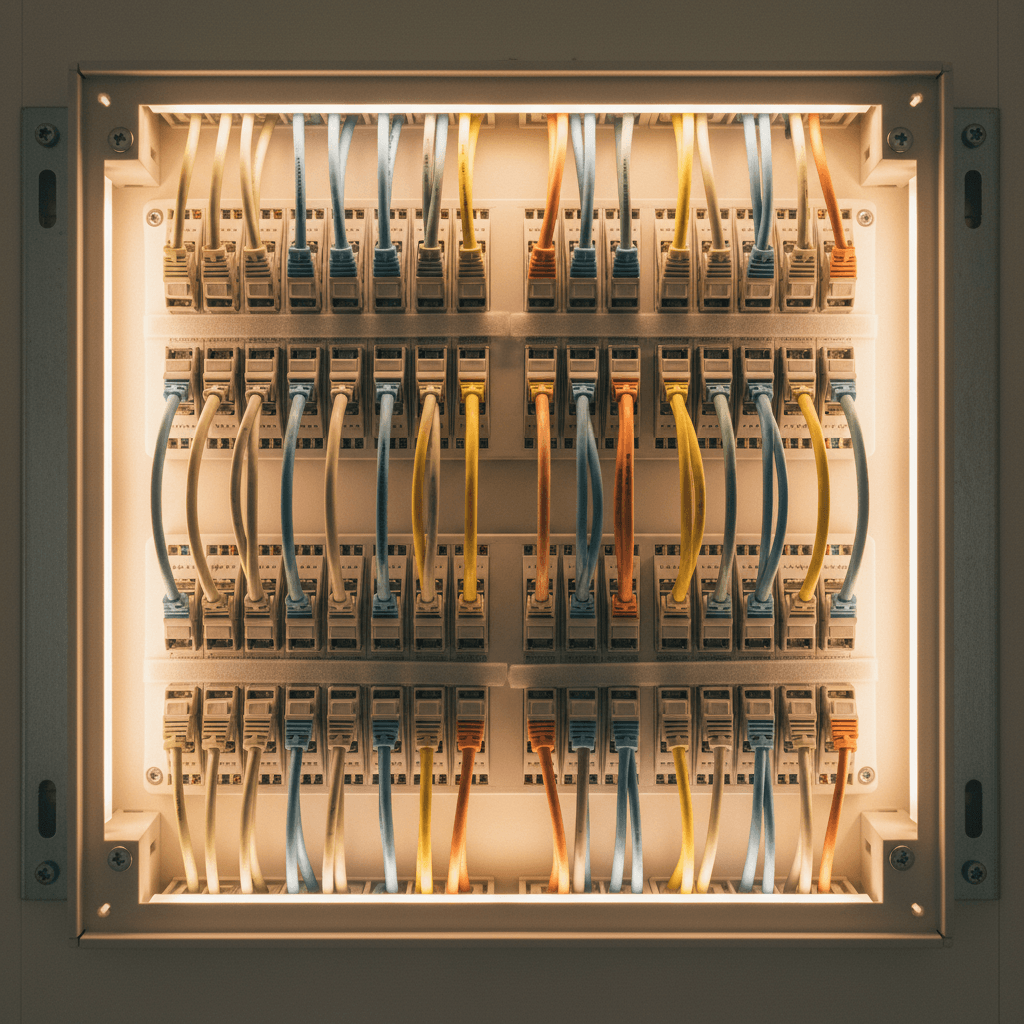 Organized structured wiring installation with color-coded cables