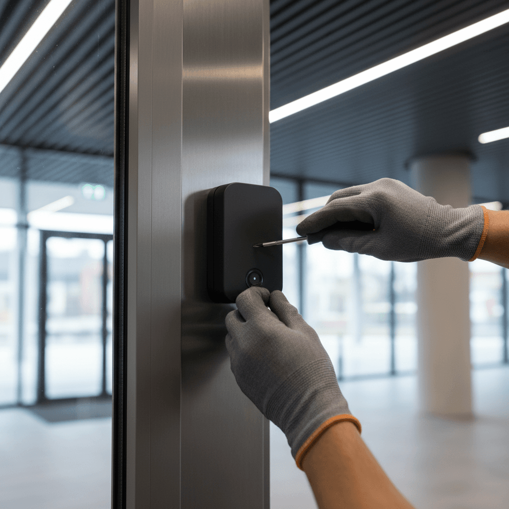 Access control card reader installation in commercial door